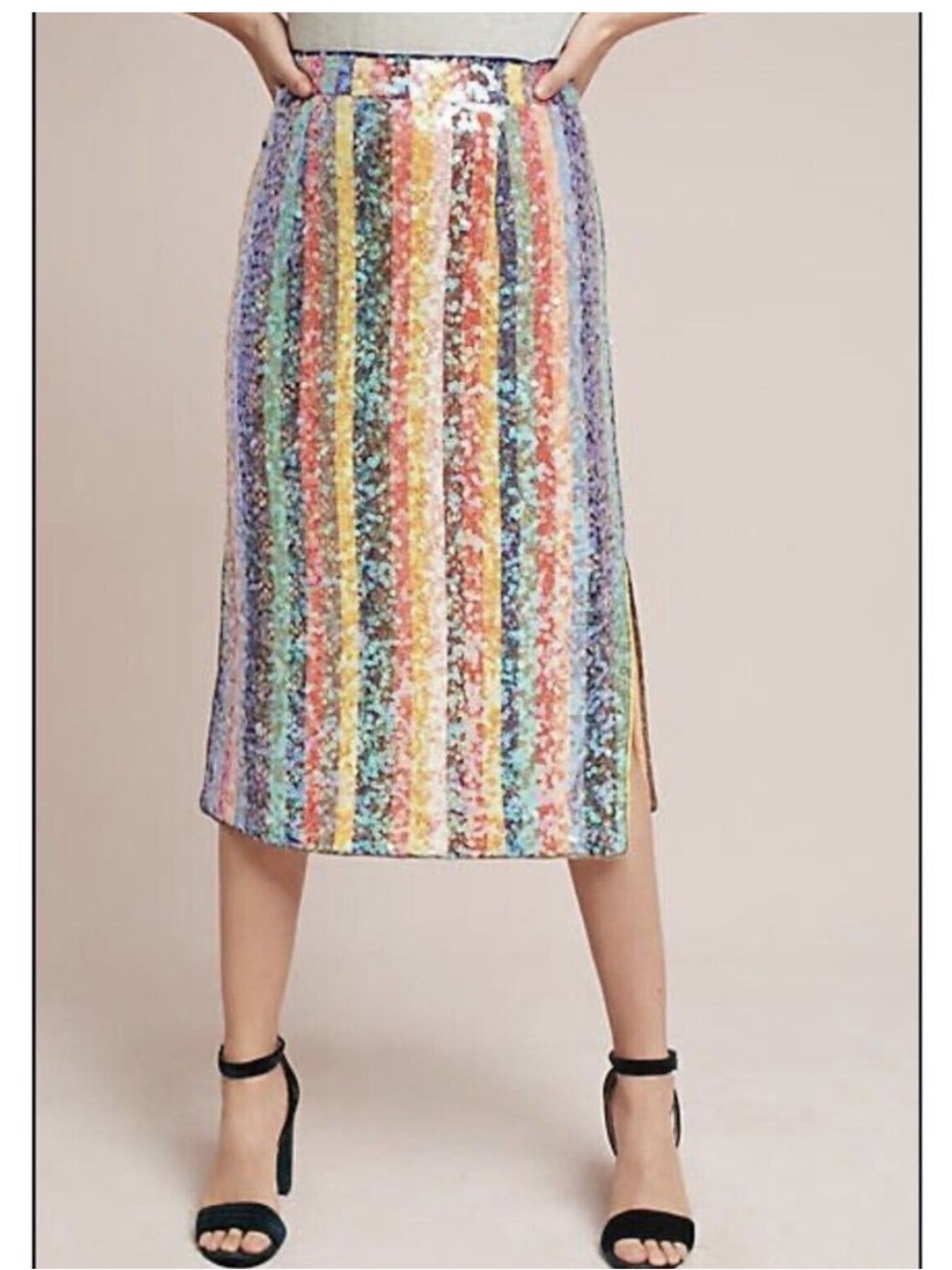 ANTHROPOLOGIE MAEVE Pailette Sequins Stripes Side Slits Retro Midi Skirt, Size 0